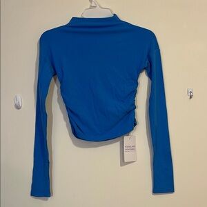 Blue Long-Sleeve Ruched Mock Neck Top
